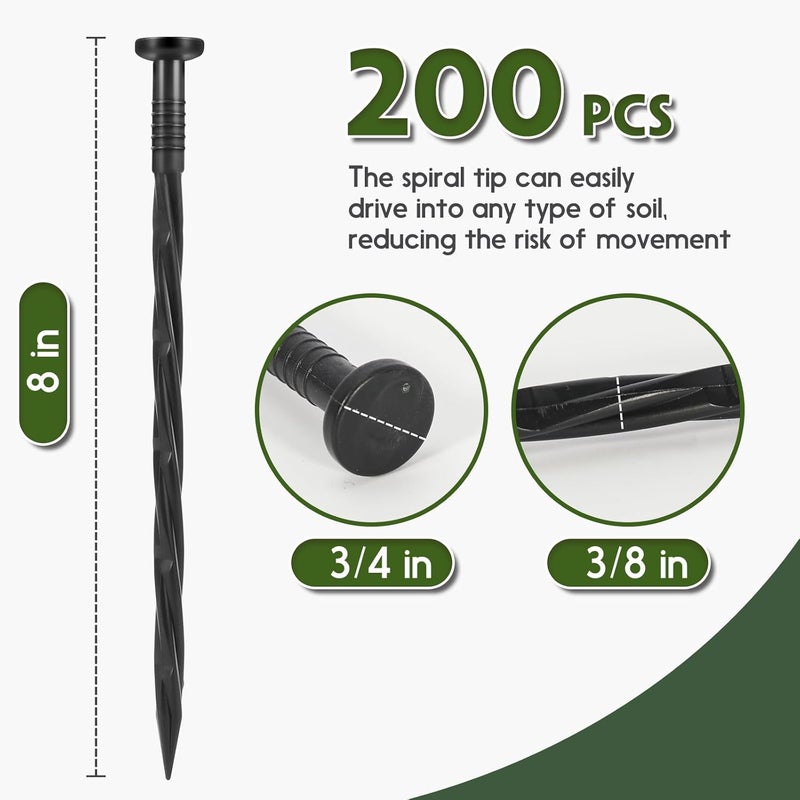 Garaook Landscape Edging Stakes, 200 Pcs 8" Plastic Garden Spikes, Spiral Nylon Anchoring Spikes for Paver Edging, Weed Barriers, Artificial Turf, Tent, Grass Pathway and More, Black - Image 4